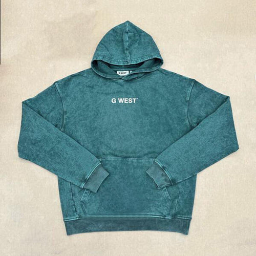 G WEST MENS ENCRYPTED ACID WASH HOODIE- DARK GREEN