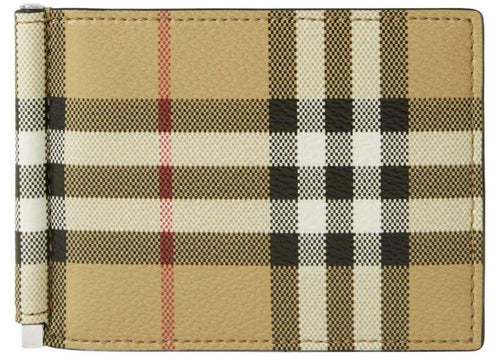 MEN'S Check Money Clip Bifold Wallet Beige