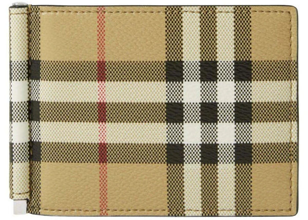 MEN'S Check Money Clip Bifold Wallet Beige