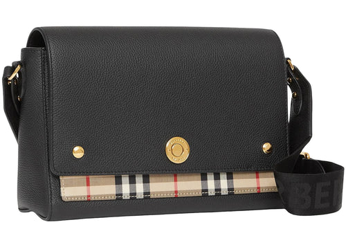 Leather and Vintage Check Note Crossbody Bag Black